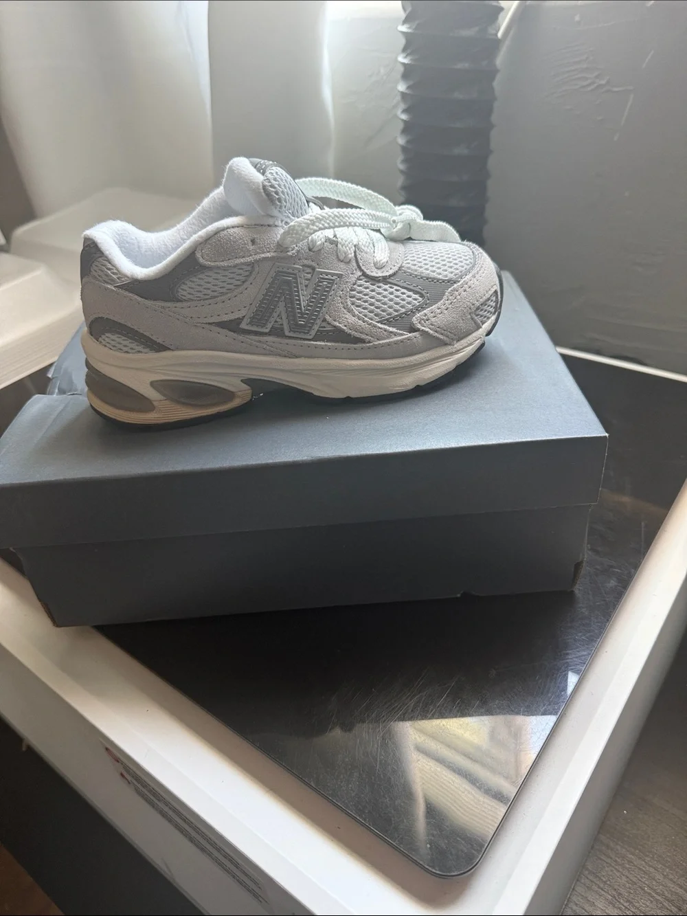 New Balance Kids Light Gray and White Athletic Sneakers